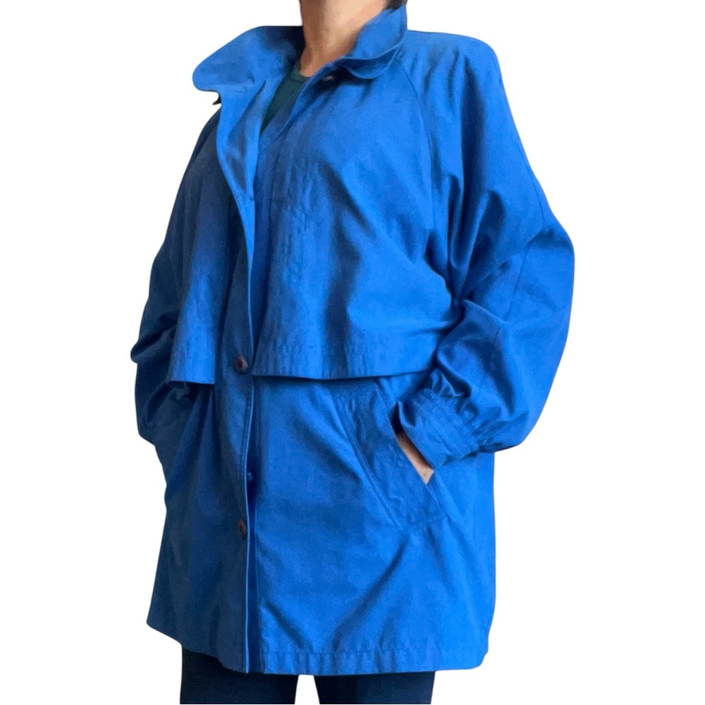 Gallery Vintage Royal Blue Women Trench Coat Size L Button Closure Lined Relaxed
